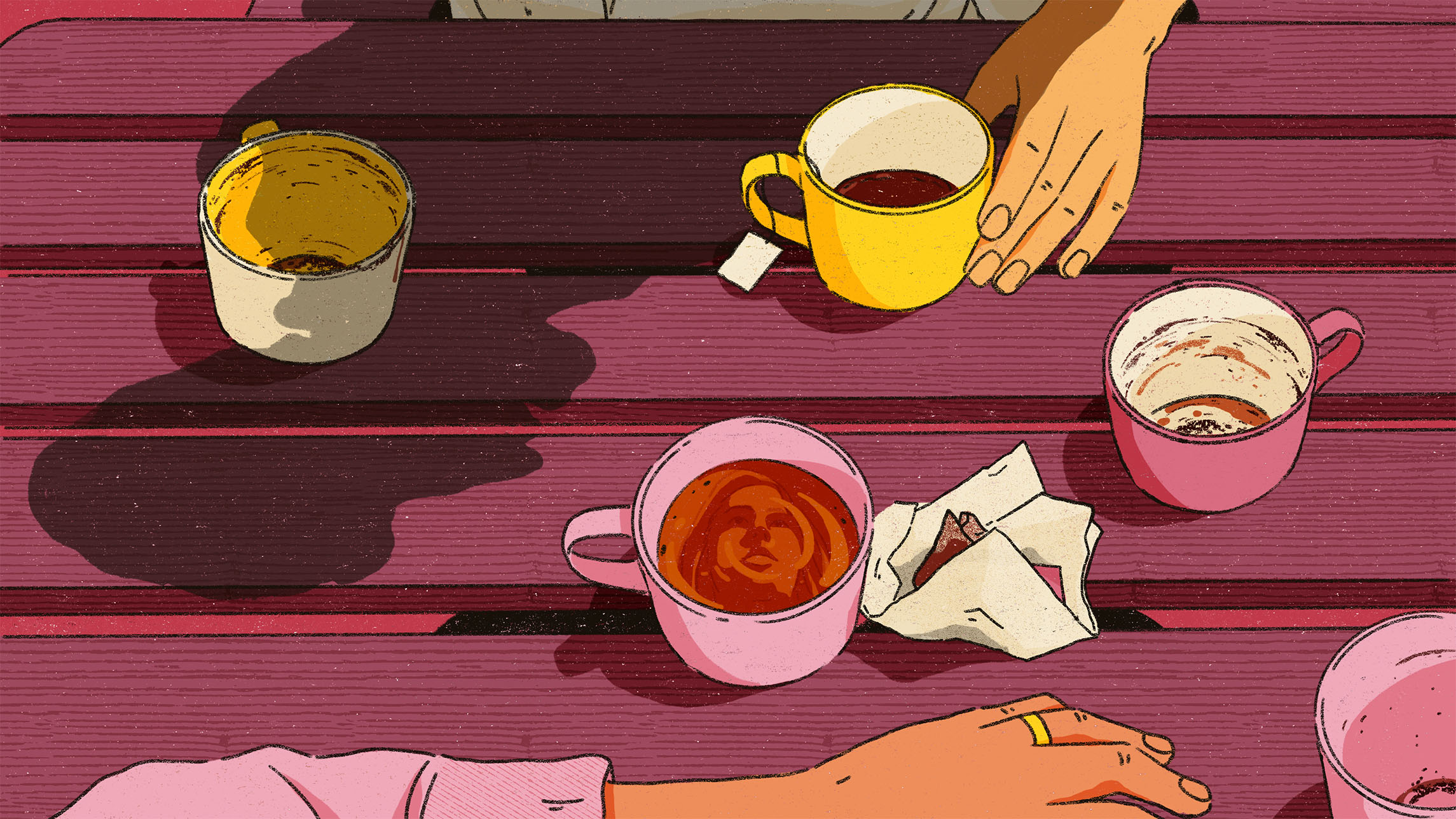 Illustration by Heedayah Lockman. Heedayah says, "Inspired by the idea of filling cups as a subtle symbol of emotional availability, the image depicts a listener, her reflection in the tea cup, consciously engaged in a lengthy conversation with someone at the outdoor table."