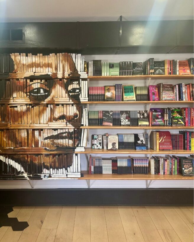 the image shows a crowded bookcase
