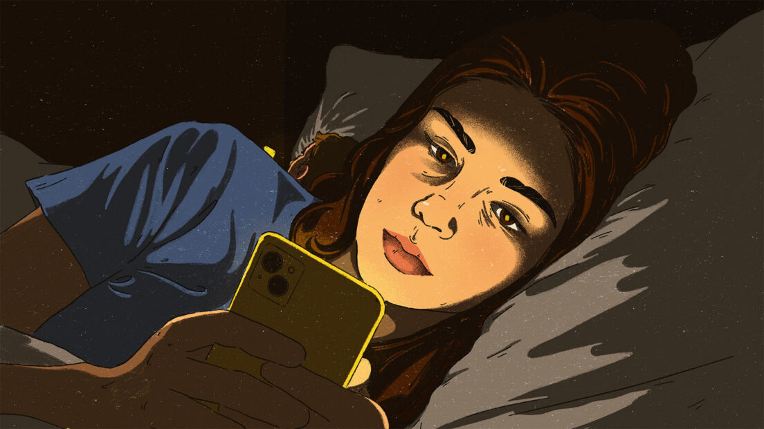 A close-up of a woman doomscrolling on her phone in bed while her partner is also doomscrolling but facing the opposite direction. There’s no connection or interaction between them. Both are engrossed in feeds designed to capture their attention even in the quiet of the night. Doomscrolling spikes cortisol replaces conversation and erodes presence. Removing the phone from the bedroom isn’t just about sleep; it’s about breaking the addiction that profits from keeping us distracted from those we love most.