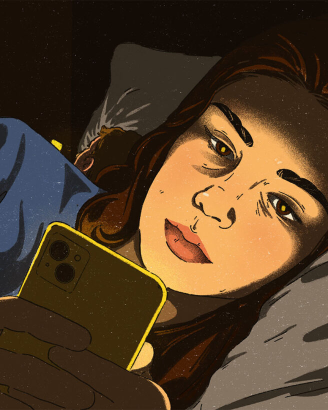 A close-up of a woman doomscrolling on her phone in bed while her partner is also doomscrolling but facing the opposite direction. There’s no connection or interaction between them. Both are engrossed in feeds designed to capture their attention even in the quiet of the night. Doomscrolling spikes cortisol replaces conversation and erodes presence. Removing the phone from the bedroom isn’t just about sleep; it’s about breaking the addiction that profits from keeping us distracted from those we love most.
