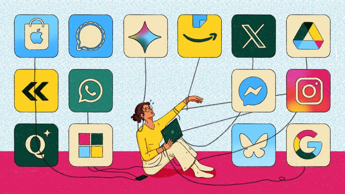 the image shows a person in the middle whose arms are being pulled by different social media apps