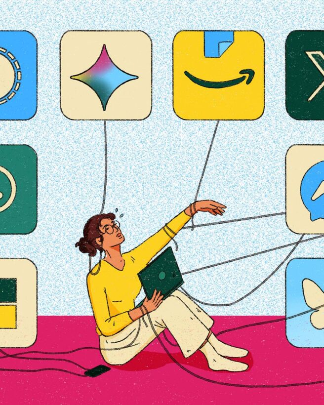 the image shows a person in the middle whose arms are being pulled by different social media apps