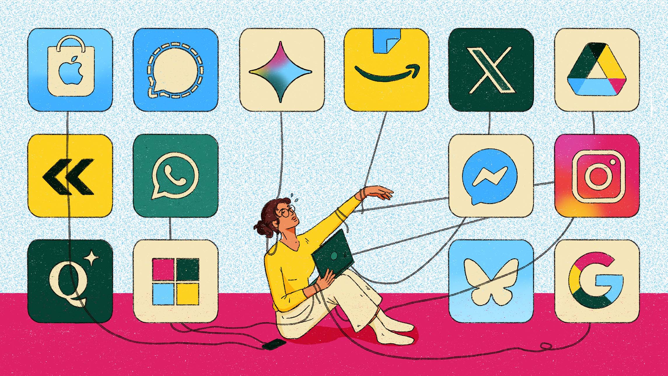the image shows a person in the middle whose arms are being pulled by different social media apps