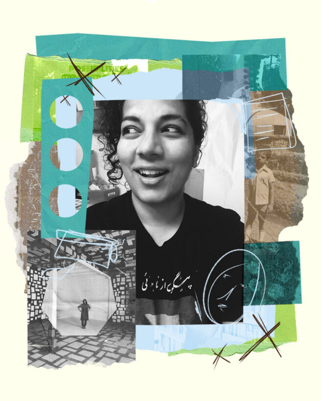 The image shows a collage with images of Maria and other elements such as tape, ripped paper and drawings