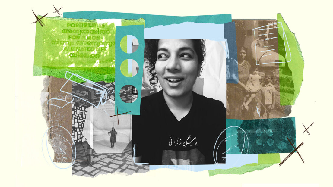 The image shows a collage with images of Maria and other elements such as tape, ripped paper and drawings