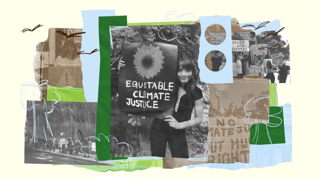 The image shows a collage mix of photographs and hand drawn illustration overlain with scrapbook images such as tape and rough edged paper. In the centre of the image is a photo of Disha