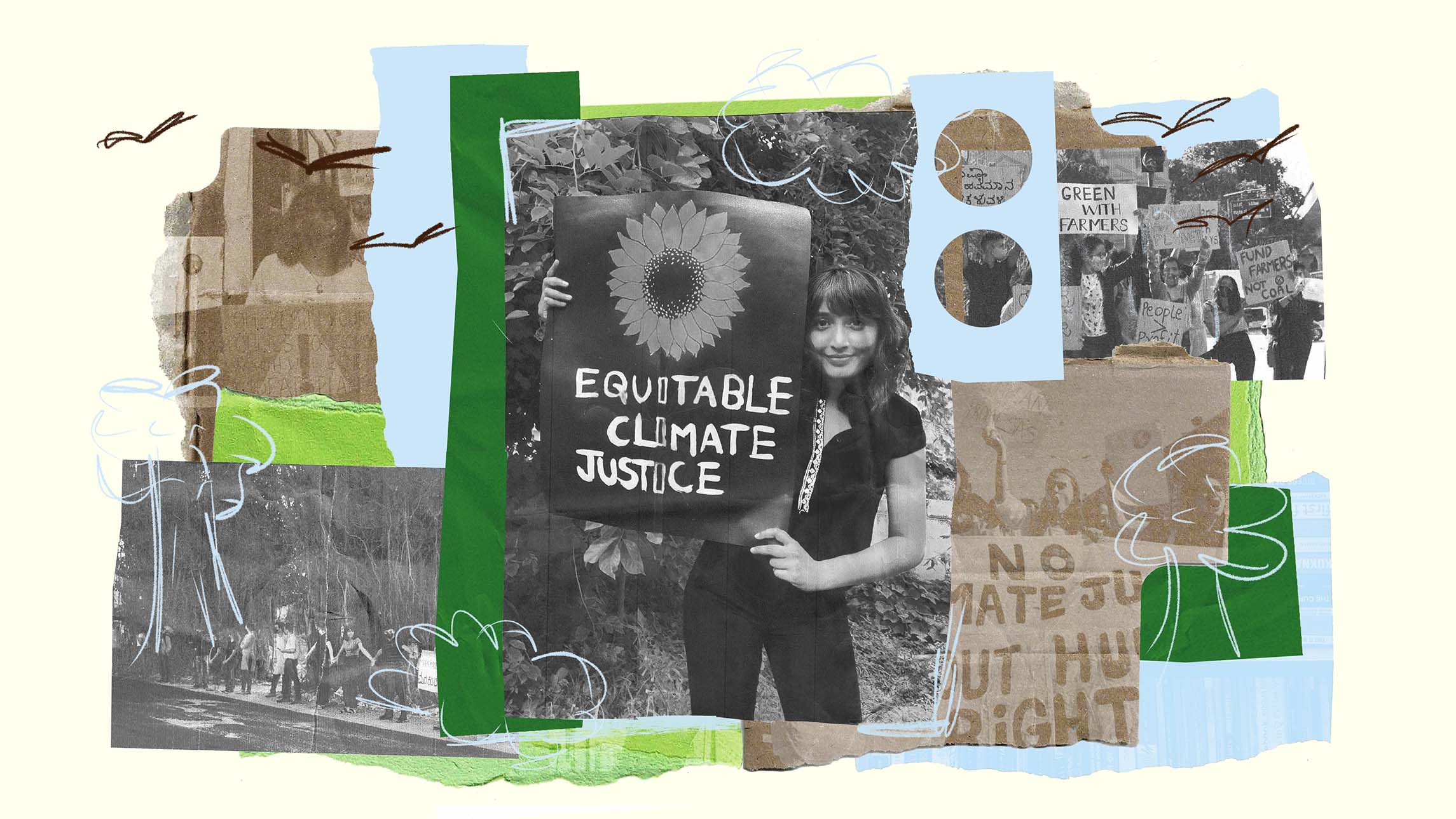 The image shows a collage mix of photographs and hand drawn illustration overlain with scrapbook images such as tape and rough edged paper. In the centre of the image is a photo of Disha