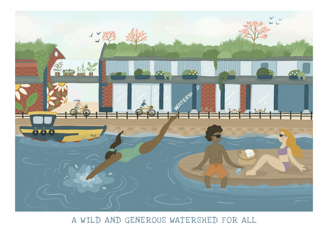 the image shows an artistic Interpretation of Watershed Wild and Generous. There are people relaxing in the water and swimming