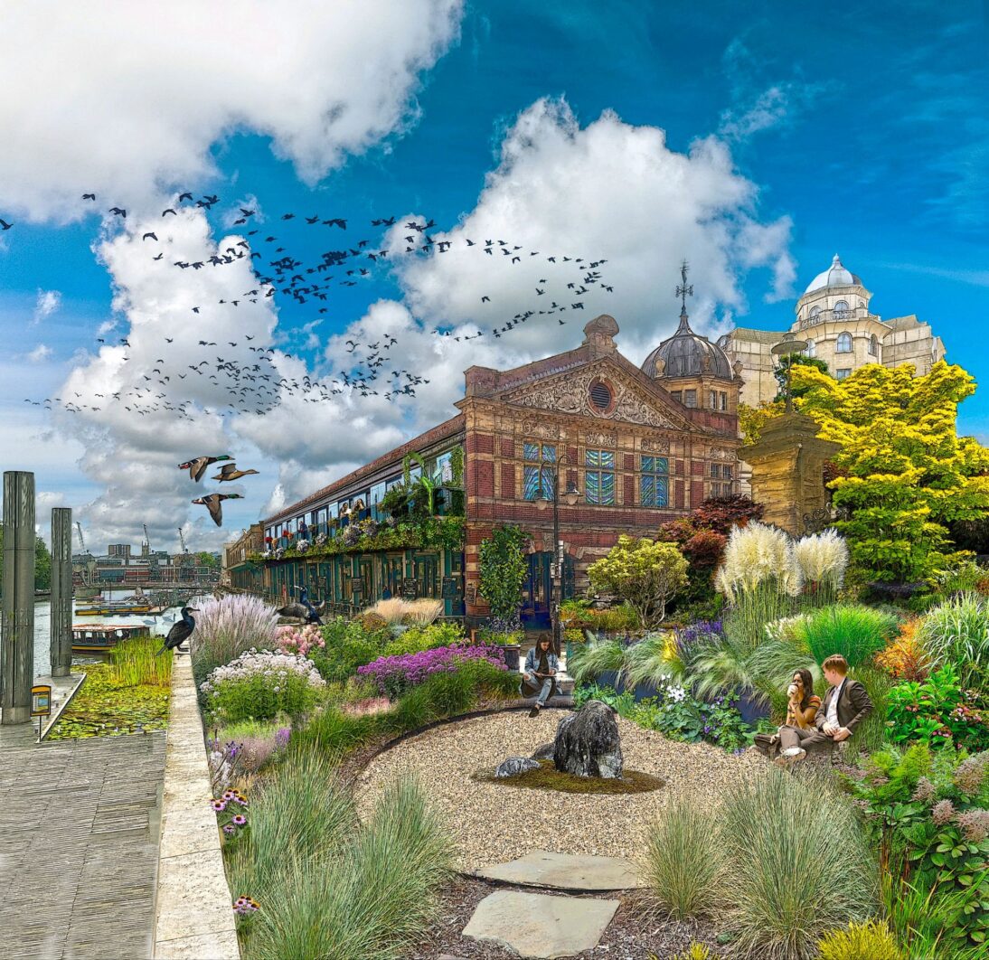 the image shows an Artistic Interpretation of Watershed Wild and Generous. The building is surrounded by green spaces with flowers and biodiversity thriving.