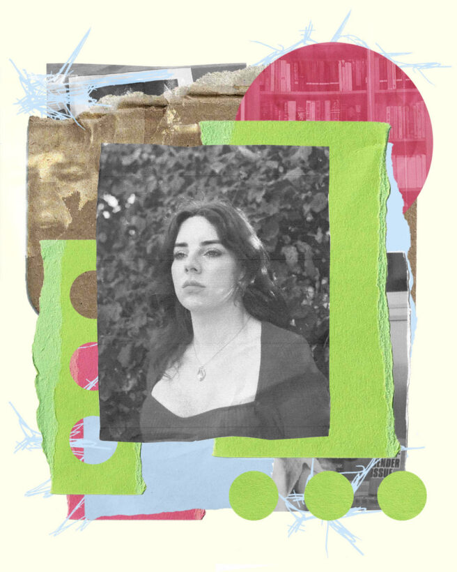 The image shows a collage mix of photographs and hand drawn illustration overlain with scrapbook images such as tape and rough edged paper. In the centre of the image is a photo of Disha