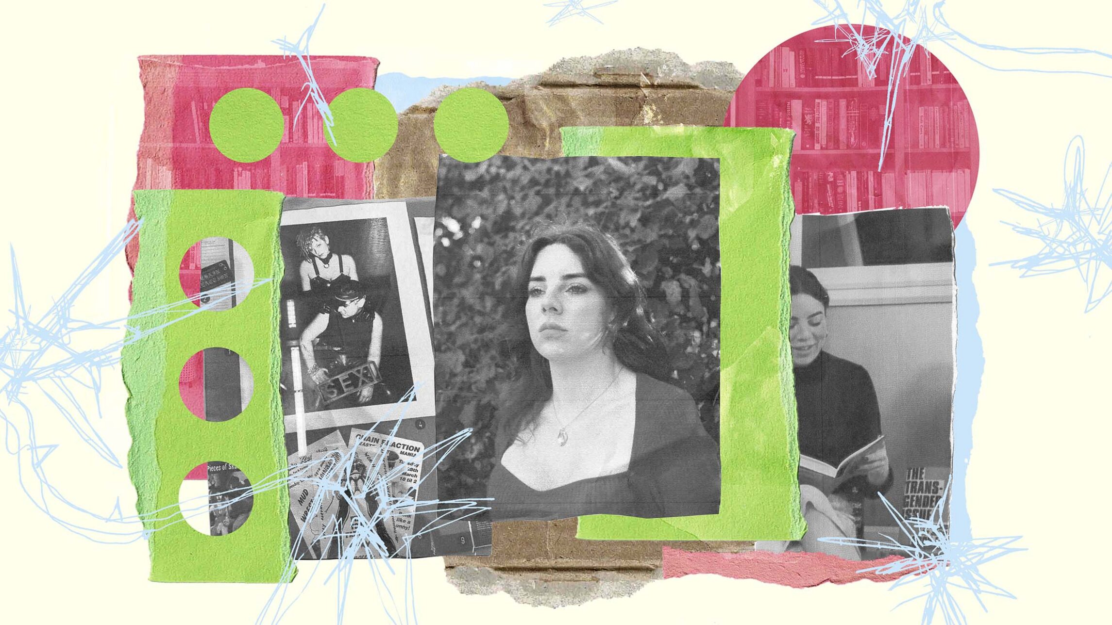 The image shows a collage mix of photographs and hand drawn illustration overlain with scrapbook images such as tape and rough edged paper. In the centre of the image is a photo of Shon