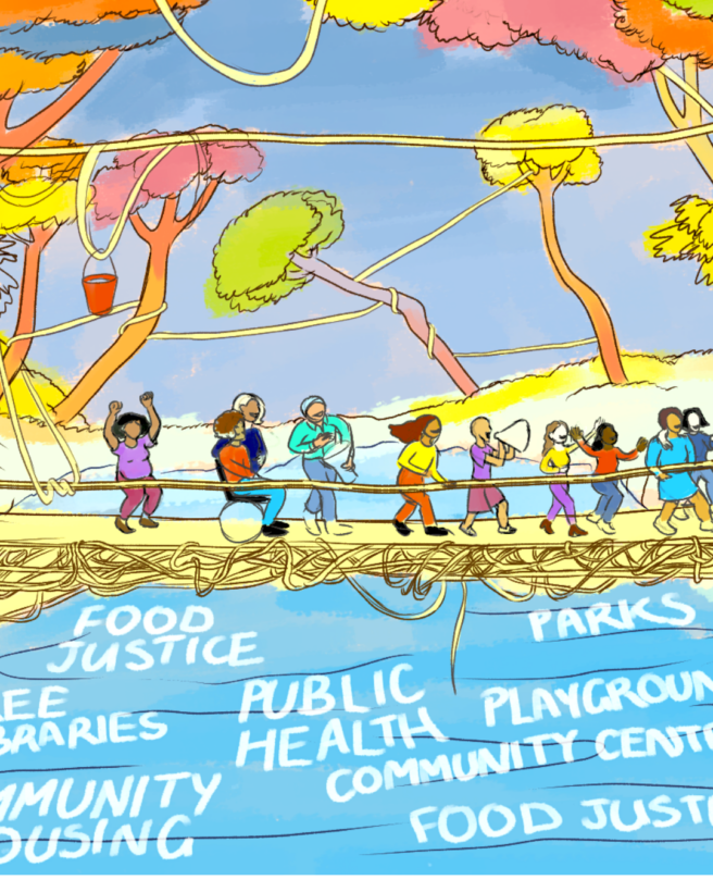 The image is a cartoon of many people crossing a rope bridge. They are playing music and dancing and there are healthy forests on either side.