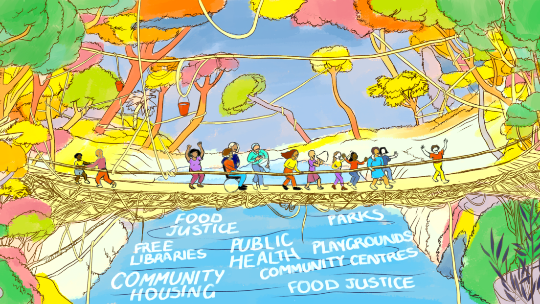 The image is a cartoon of many people crossing a rope bridge. They are playing music and dancing and there are healthy forests on either side.