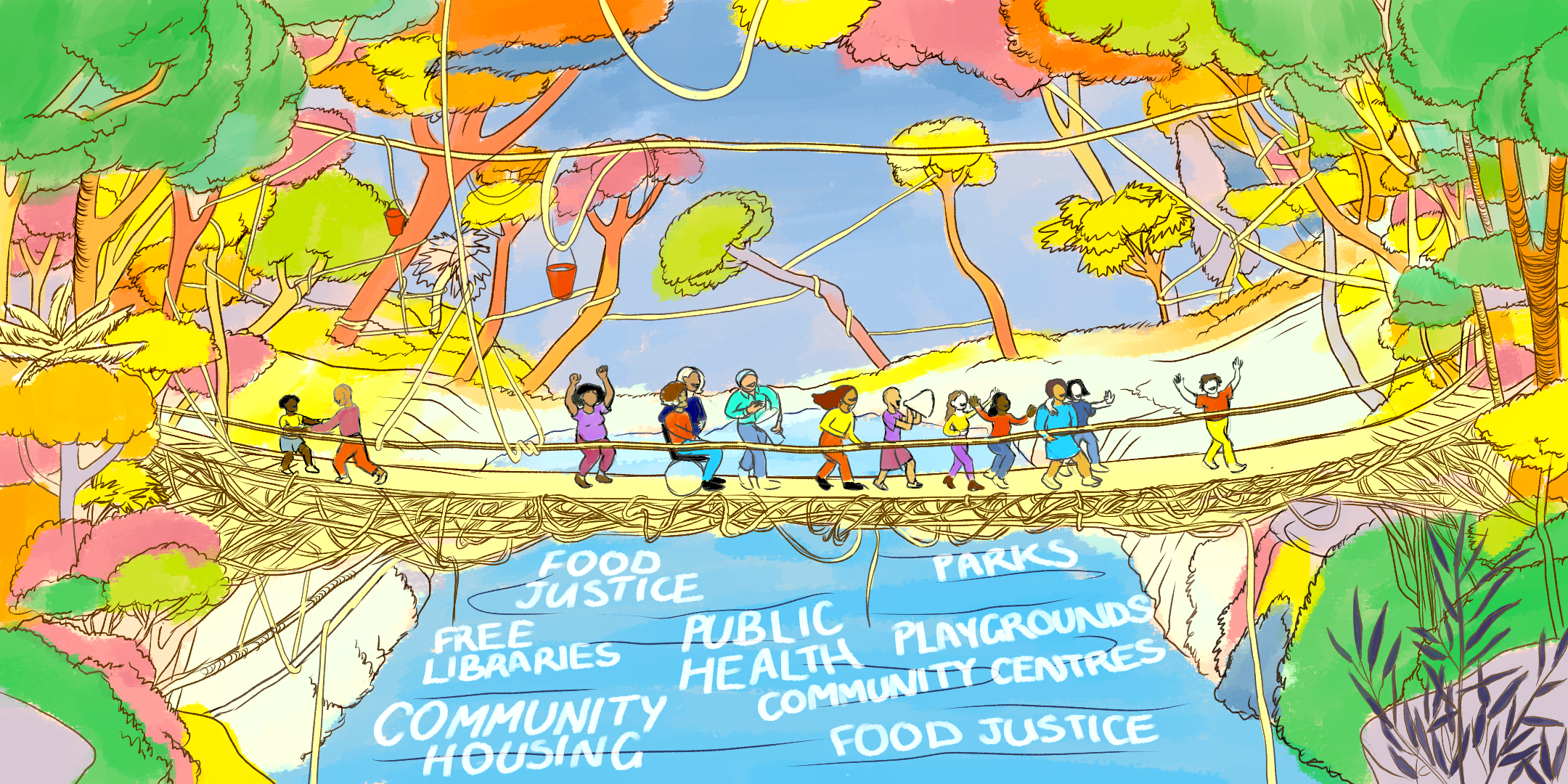 The image is a cartoon of many people crossing a rope bridge. They are playing music and dancing and there are healthy forests on either side.