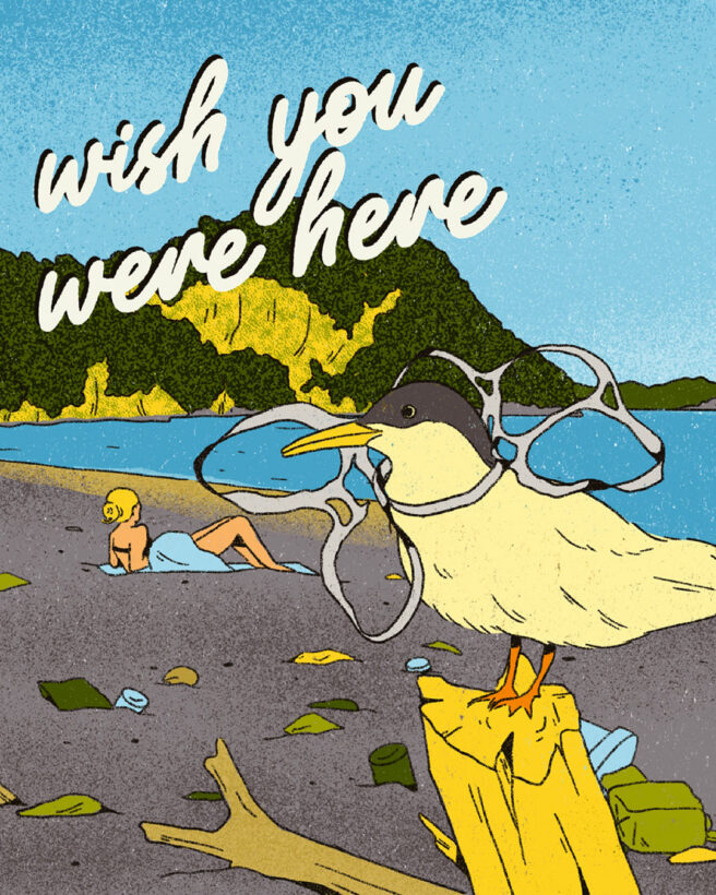 This illustration adopts a postcard layout with the phrase ‘Wish you were here’ set against a striking landscape. It reverses expectations: the image shows a polluted beach, likely in Bali, filled with trash and devoid of locals except one tourist relaxing by the sea. A seabird stands on broken wood with a beer can holder around its neck. The familiar postcard greeting becomes a quiet warning about extractive tourism.
