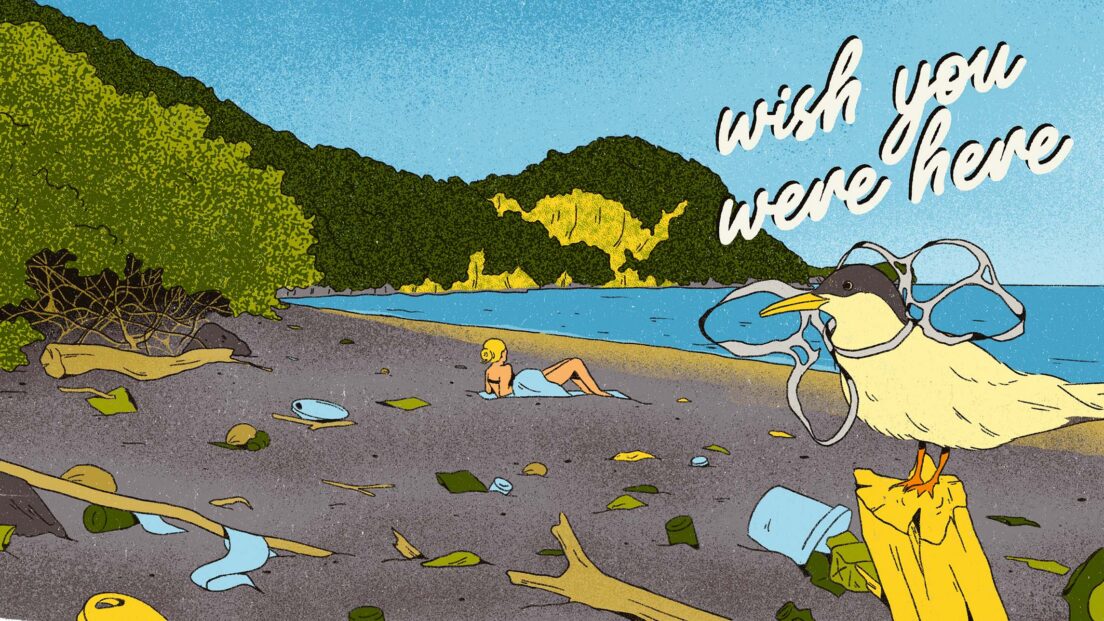 This illustration adopts a postcard layout with the phrase ‘Wish you were here’ set against a striking landscape. It reverses expectations: the image shows a polluted beach, likely in Bali, filled with trash and devoid of locals except one tourist relaxing by the sea. A seabird stands on broken wood with a beer can holder around its neck. The familiar postcard greeting becomes a quiet warning about extractive tourism.