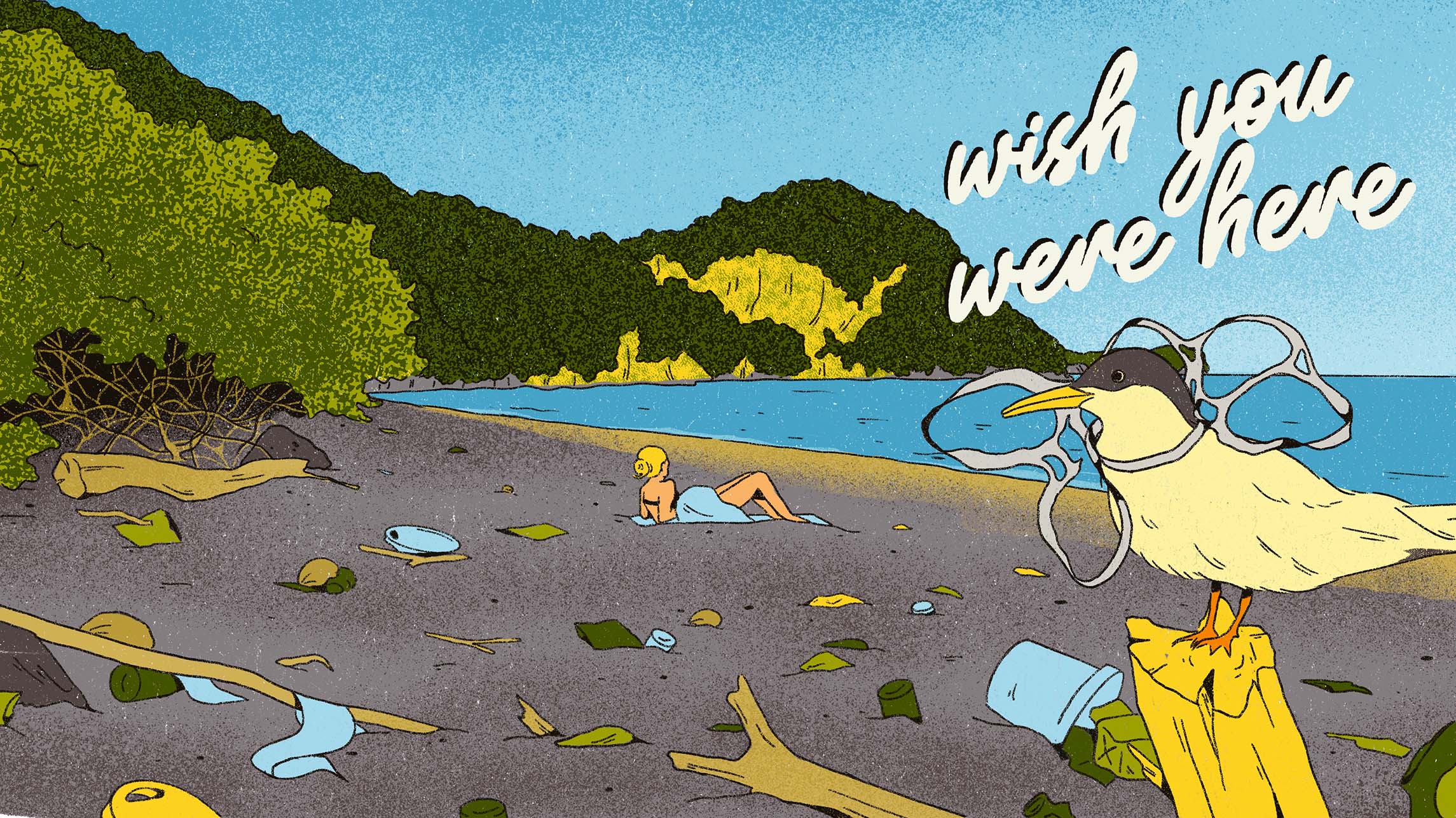 This illustration adopts a postcard layout with the phrase ‘Wish you were here’ set against a striking landscape. It reverses expectations: the image shows a polluted beach, likely in Bali, filled with trash and devoid of locals except one tourist relaxing by the sea. A seabird stands on broken wood with a beer can holder around its neck. The familiar postcard greeting becomes a quiet warning about extractive tourism.