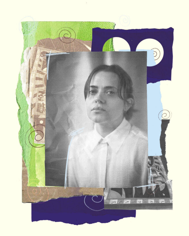 The image shows a collage mix of photographs and hand drawn illustration overlain with scrapbook images such as tape and rough edged paper. In the centre of the image is a photo of Sophie