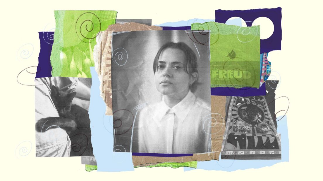 The image shows a collage mix of photographs and hand drawn illustration overlain with scrapbook images such as tape and rough edged paper. In the centre of the image is a photo of Sophie