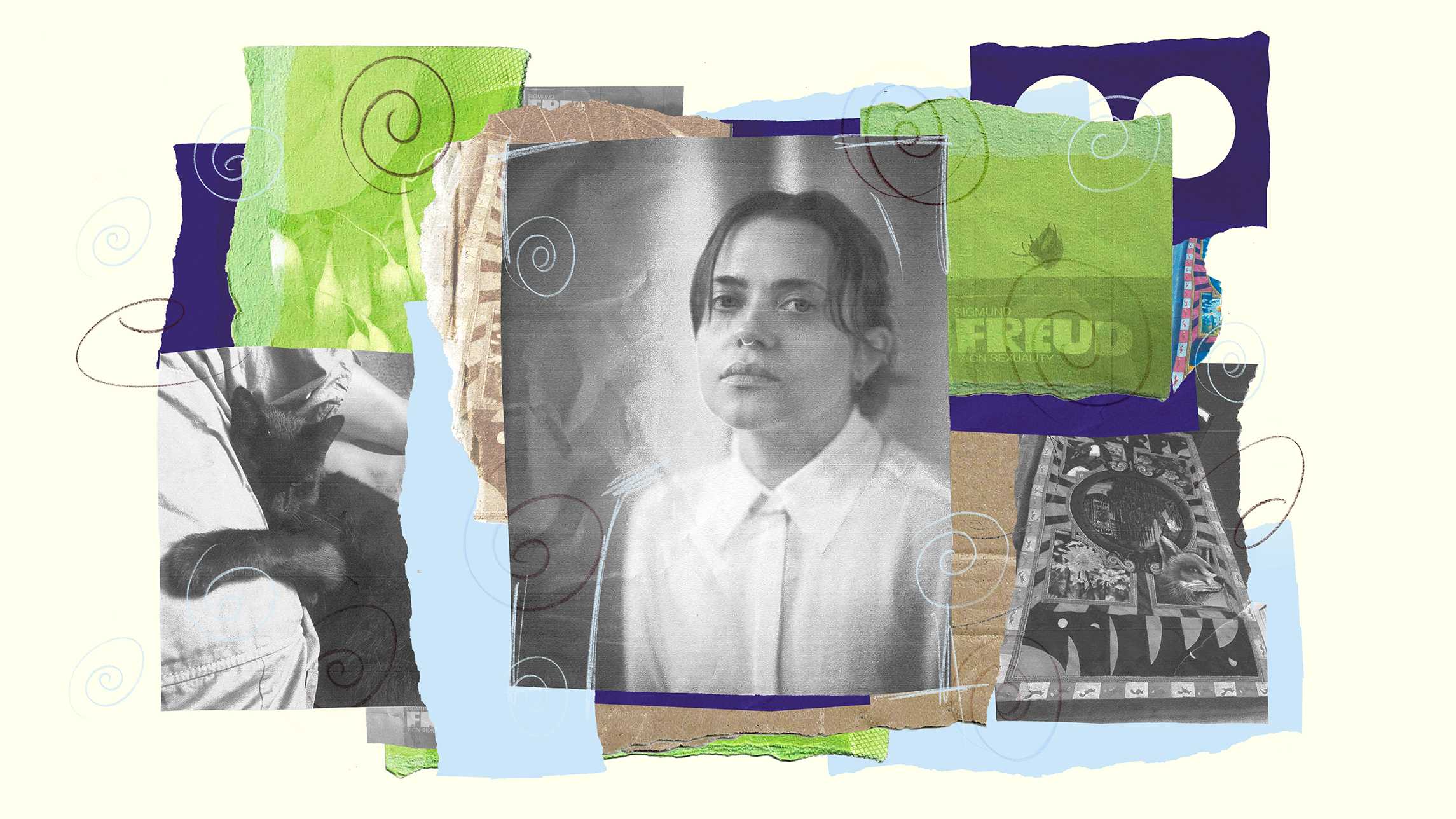 The image shows a collage mix of photographs and hand drawn illustration overlain with scrapbook images such as tape and rough edged paper. In the centre of the image is a photo of Sophie